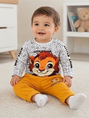 PatPat White Long Sleeve Little Lion Top with Mustard Pants